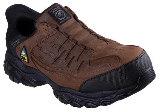 Brown leather slip-on work shoe with black sole and trim, featuring a logo patch, elastic bands, and a round toe.