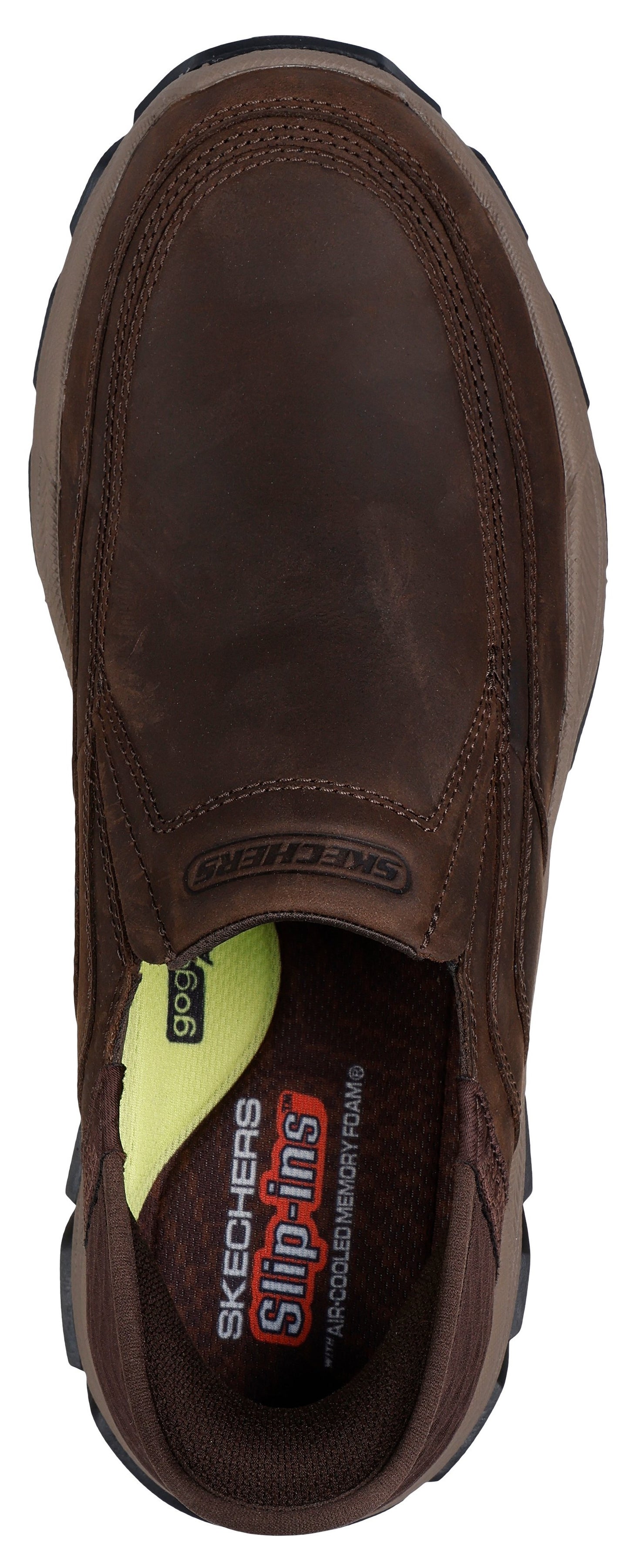 A brown slip-on shoe seen from above, showing a dark brown leather exterior, a dark brown interior lining, and an insole with visible text reading 'Skechers Slip-ins' and 'Air-Cooled Memory Foam', along with a small lime green detail on the side.