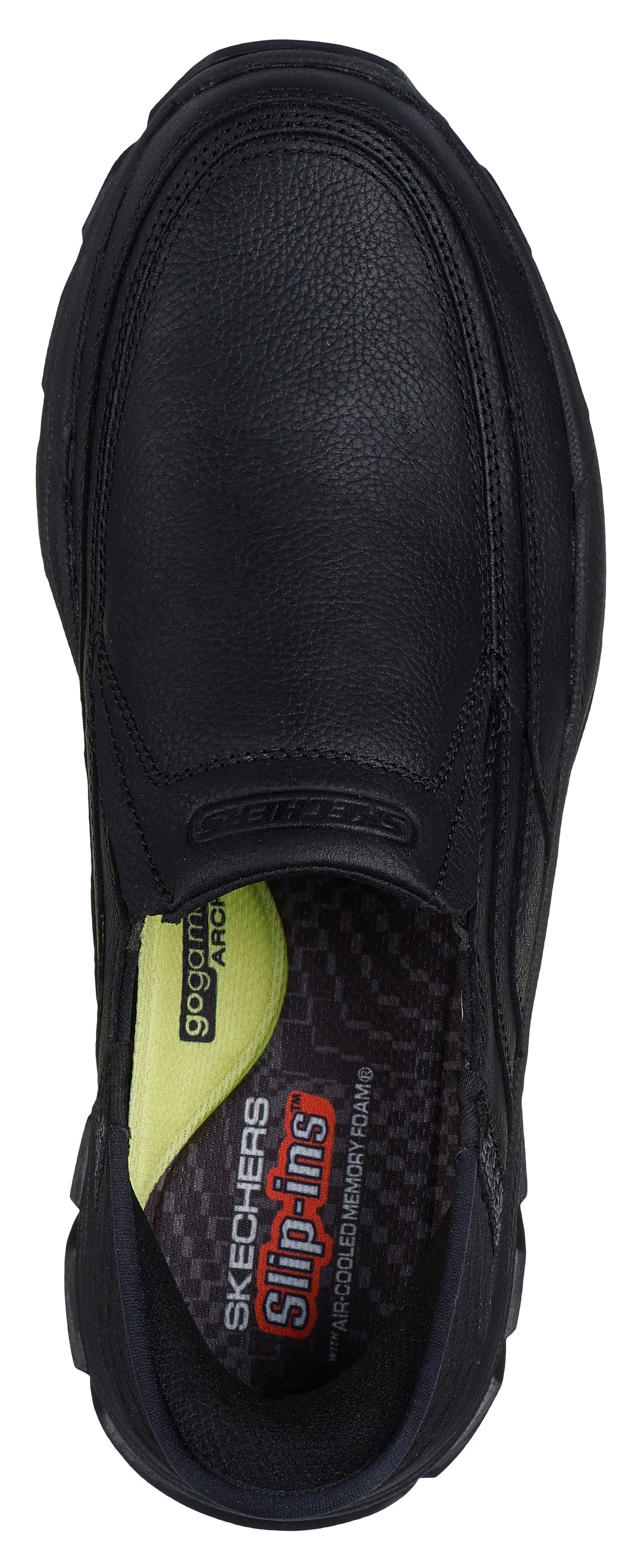 Top-down view of a black slip-on shoe with visible "SKECHERS Slip-ins AIR-COOLED MEMORY FOAM" insole.