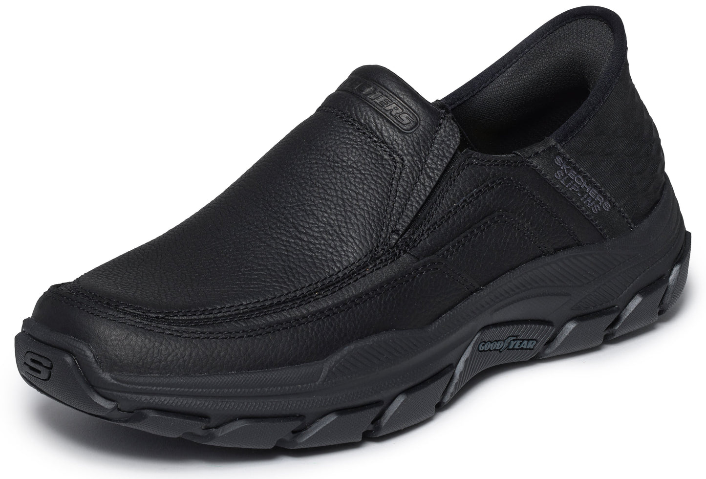 Black slip-on shoe with Goodyear soles.