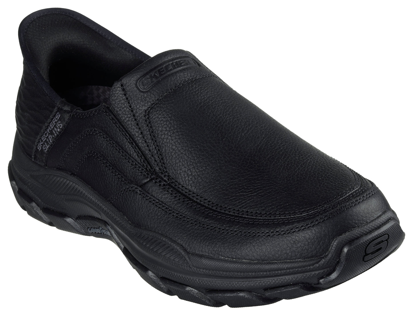 Black slip-on shoe with visible "SKECHERS" and "SLIP-INS" text.