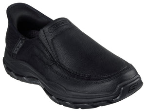 Black slip-on shoe with visible "SKECHERS" and "SLIP-INS" text.