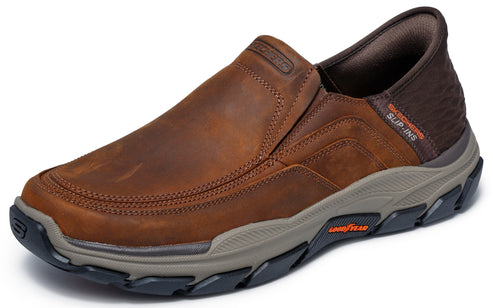 Brown leather slip-on shoe with gray sole and Goodyear logo.