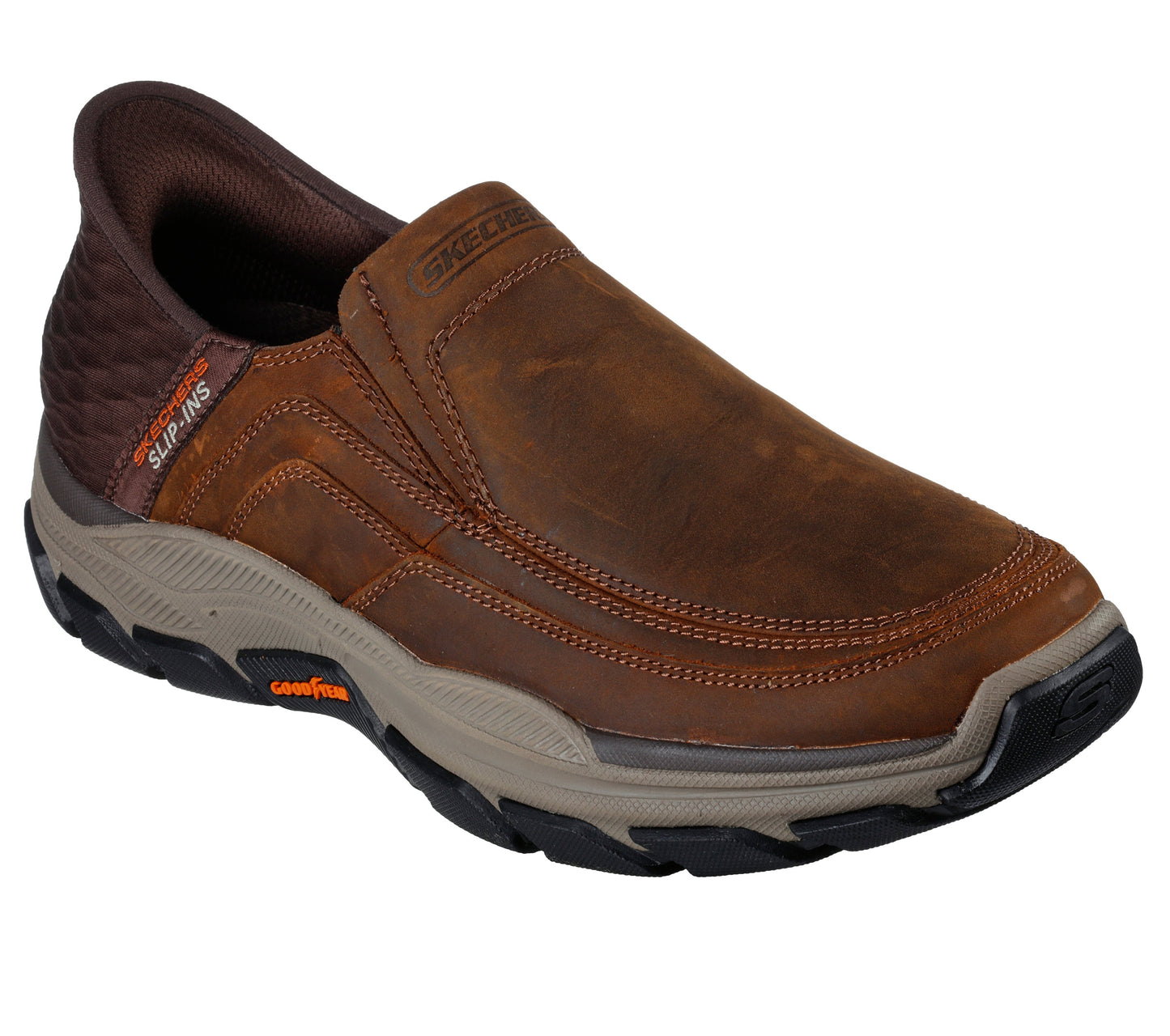 Brown slip-on shoe with textured back, light brown sole, and orange accents.