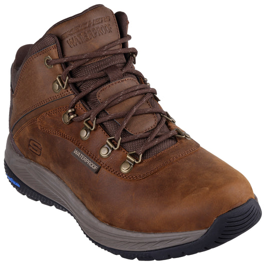 Waterproof brown leather high-top hiking boot with brown laces.