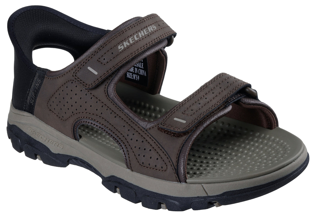 Brown sandal with two velcro straps and "SKECHERS" text.