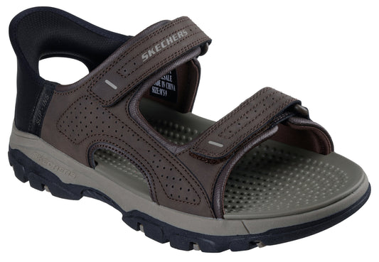 Brown sandal with two velcro straps and "SKECHERS" text.