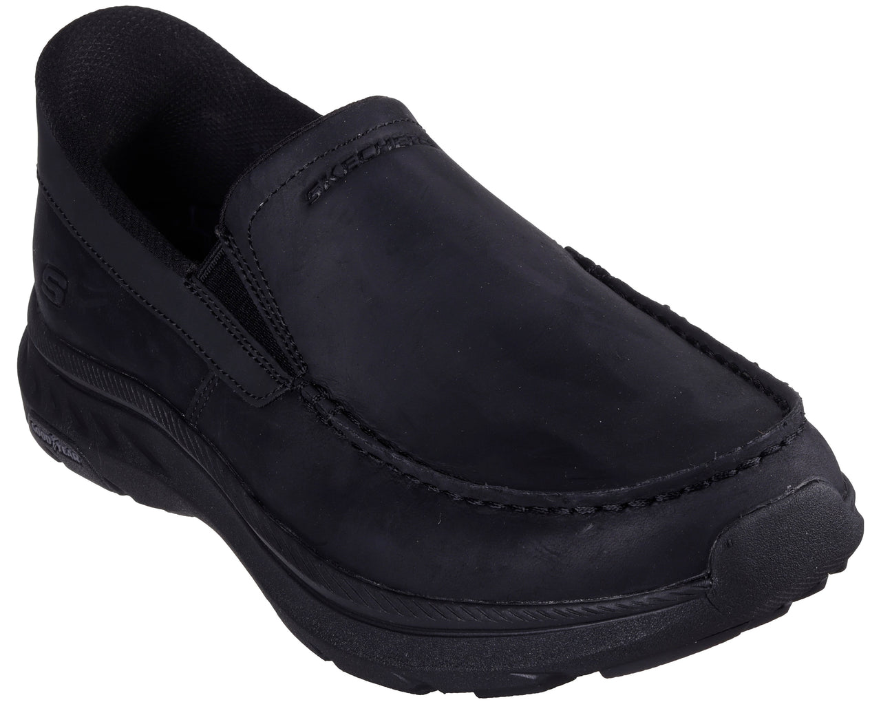 Black slip-on shoe with rounded toe and thick sole.