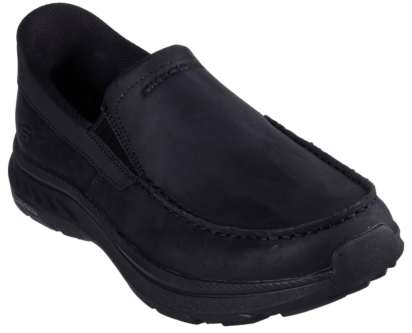 Black slip-on shoe with rounded toe and thick sole.
