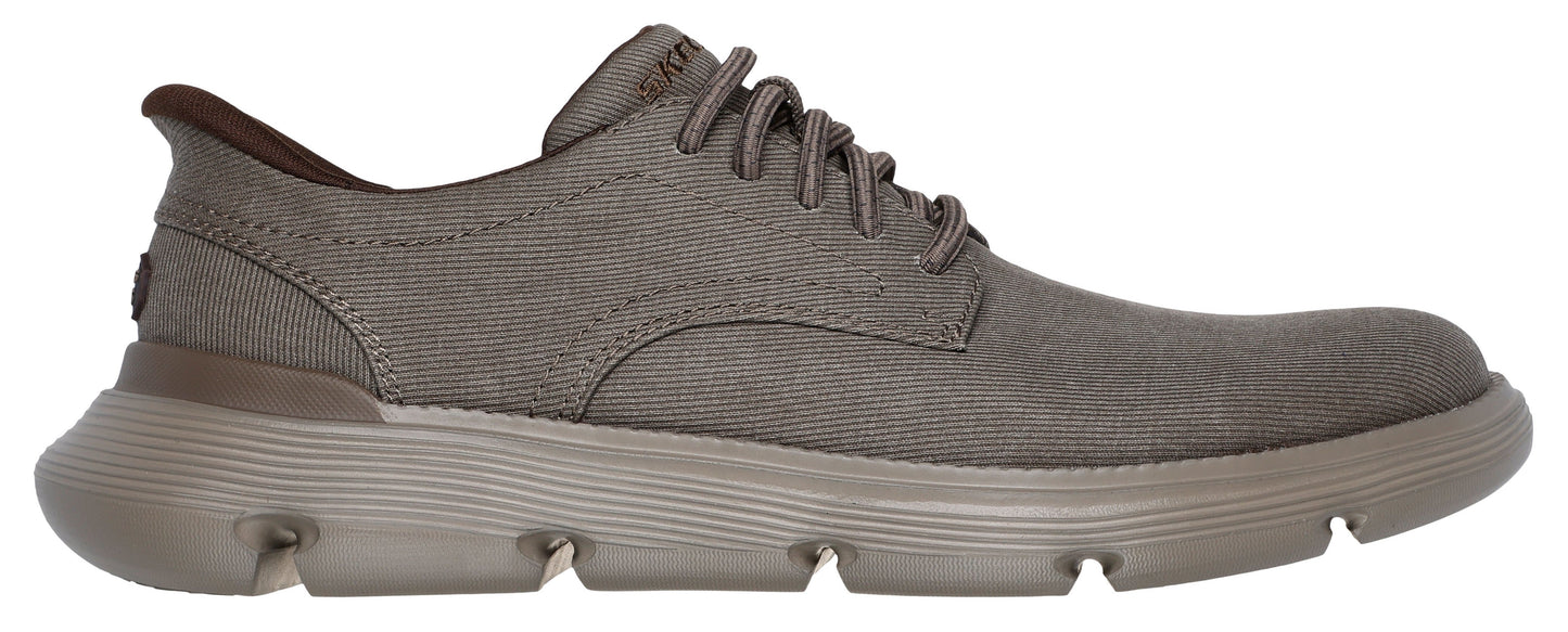 A brown shoe with laces and a thick sole.