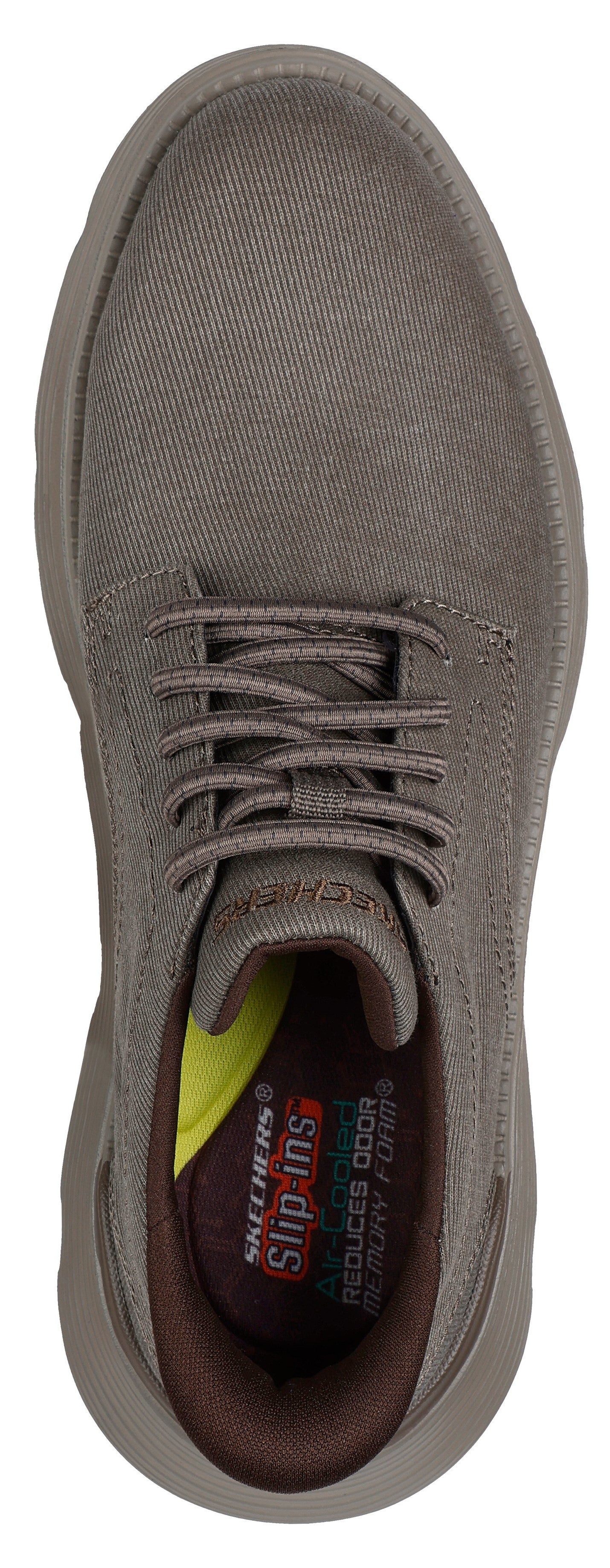 A close-up overhead view of a casual lace-up shoe, showcasing the shoe's laces and insole with visible text 'Skechers Slip-ins'.