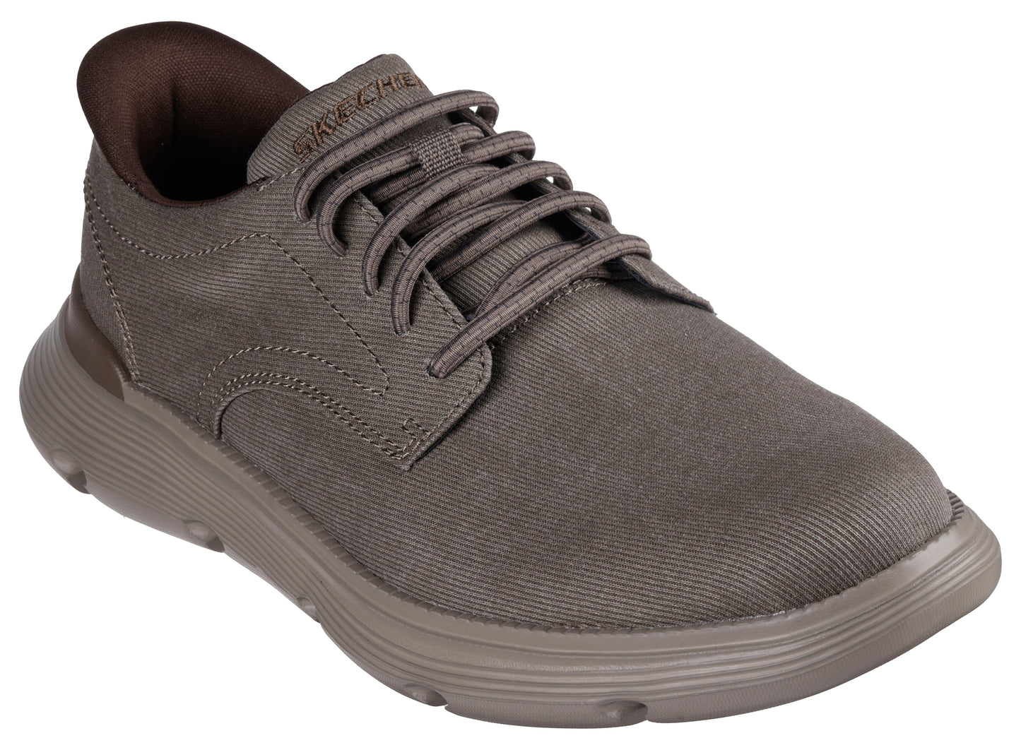 Brown lace-up shoe with a rounded toe and a textured sole.