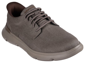 Brown lace-up shoe with a rounded toe and a textured sole.