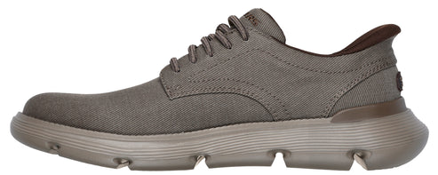 A side view of a taupe casual dress shoe with laces.