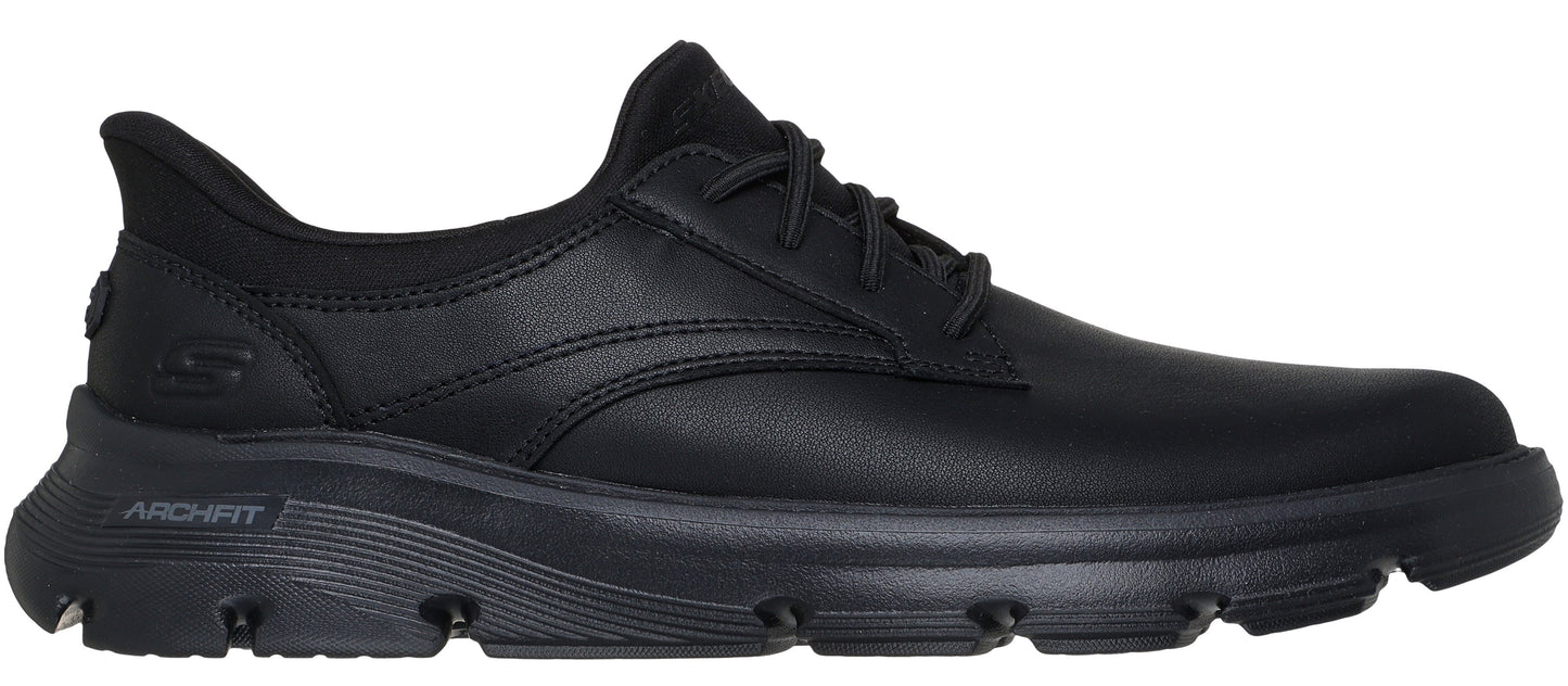 A black shoe with laces and a thick sole that has a repeating pattern.