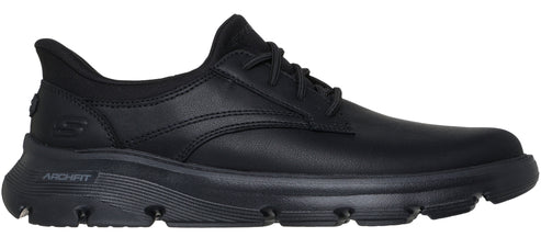 A black shoe with laces and a thick sole that has a repeating pattern.