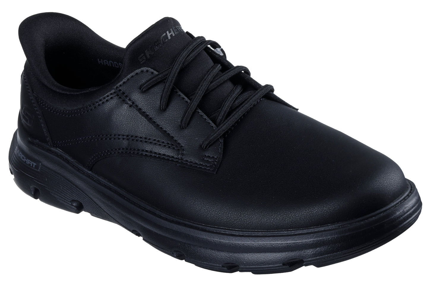 Black leather-like low top dress shoe with laces.