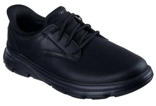 Black leather-like low top dress shoe with laces.