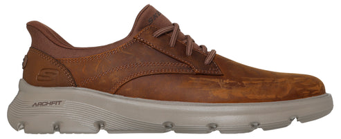 A brown leather shoe with laces and a thick, light-colored sole.