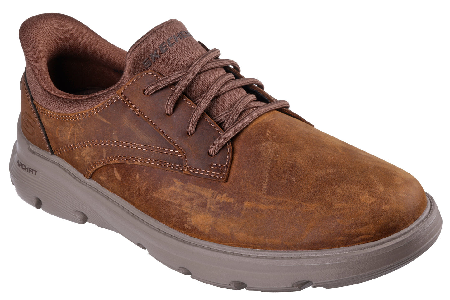 Brown casual shoe with laces and a brown sole.