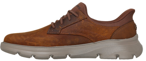 A brown leather casual shoe with laces.