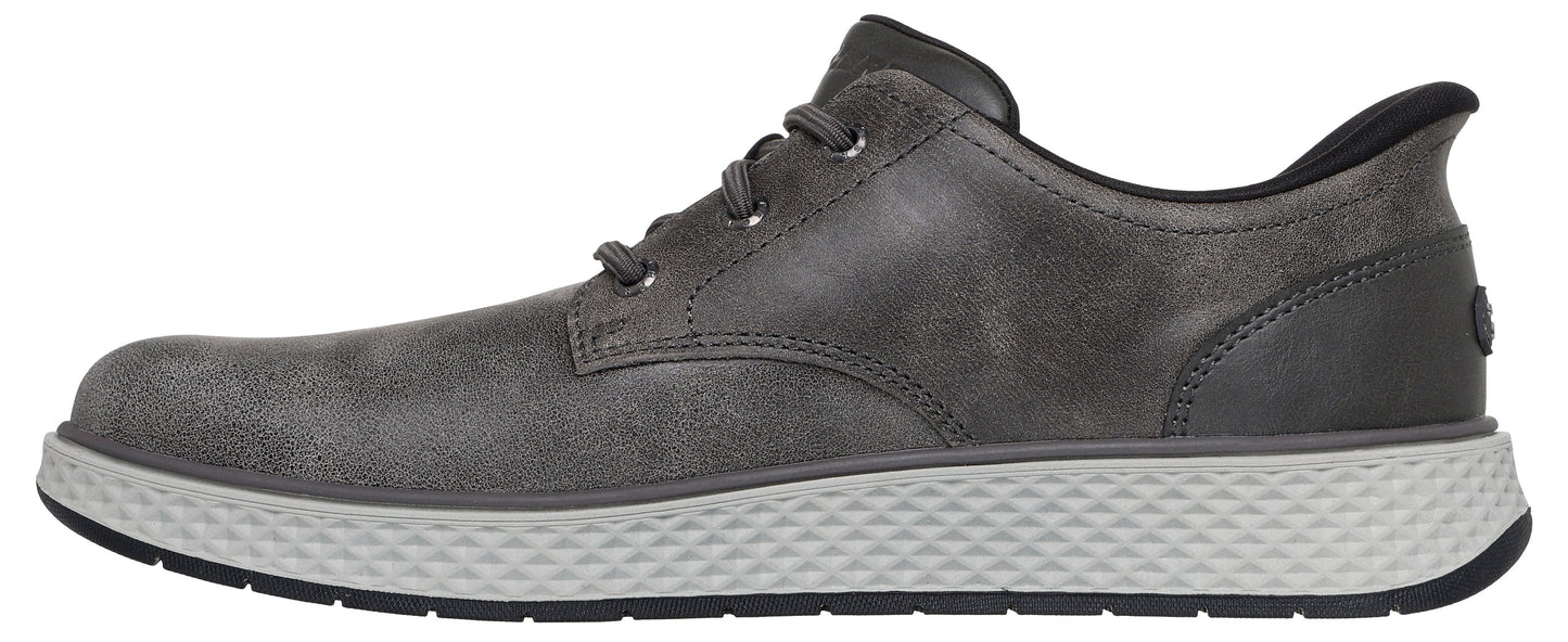 A gray leather casual low-top sneaker with a textured white midsole and black outsole, viewed from the side.