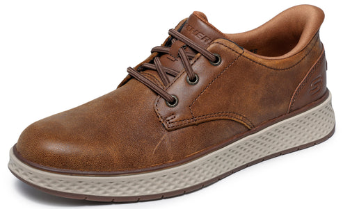 A brown leather lace-up oxford sneaker with a textured light beige platform sole and a visible 'S' logo on the heel.
