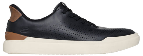 A black leather shoe with a white sole and brown heel.