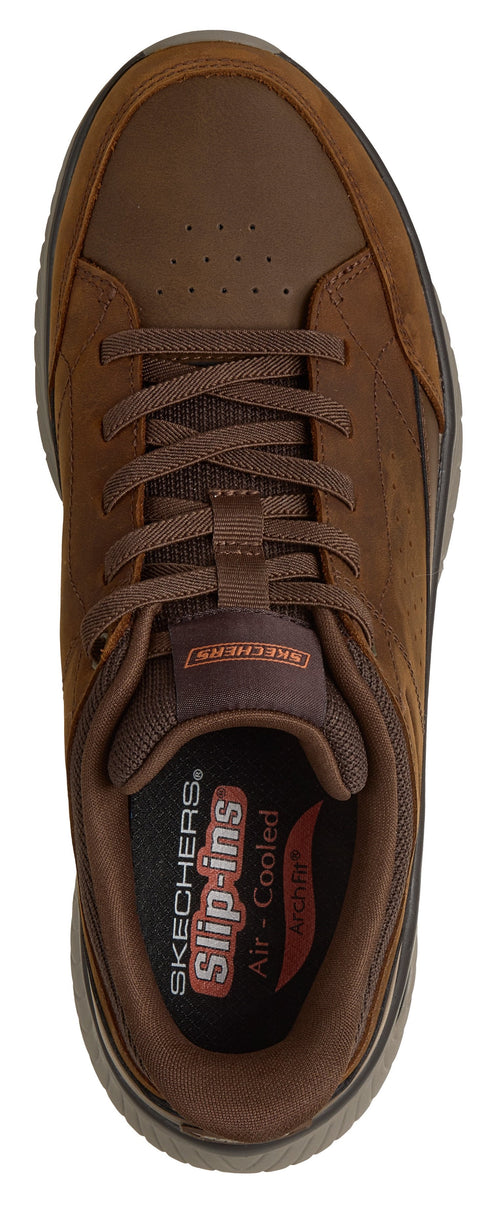 A brown casual shoe featuring laces, a padded collar, and an insole that reads "SKECHERS Slip-ins Air-Cooled ARCH FIT".