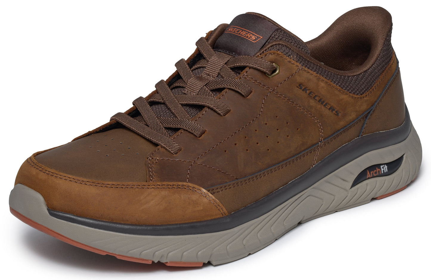 Brown leather sneaker with laces and Arch Fit support.