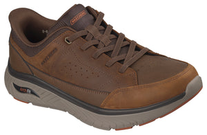Brown leather walking shoe with a thick, gray sole.