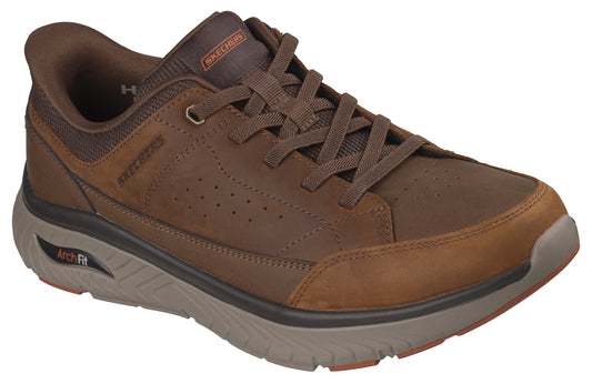 Brown leather walking shoe with a thick, gray sole.