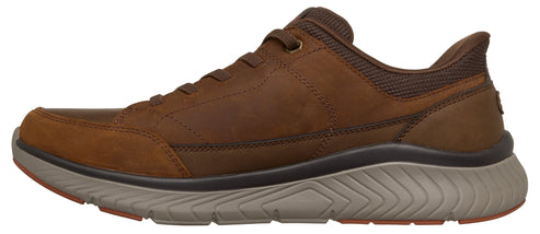 A brown shoe with brown shoelaces.