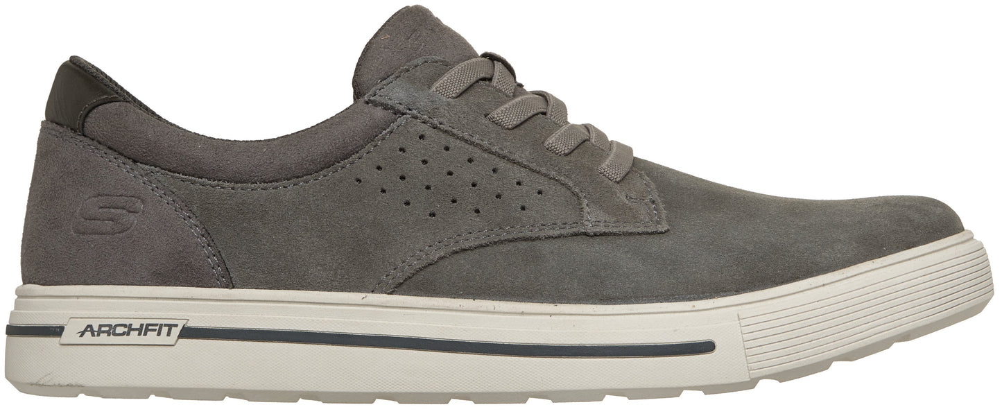 A gray leather, lace-up casual shoe with a white rubber sole that includes an Arch Fit logo on the side.