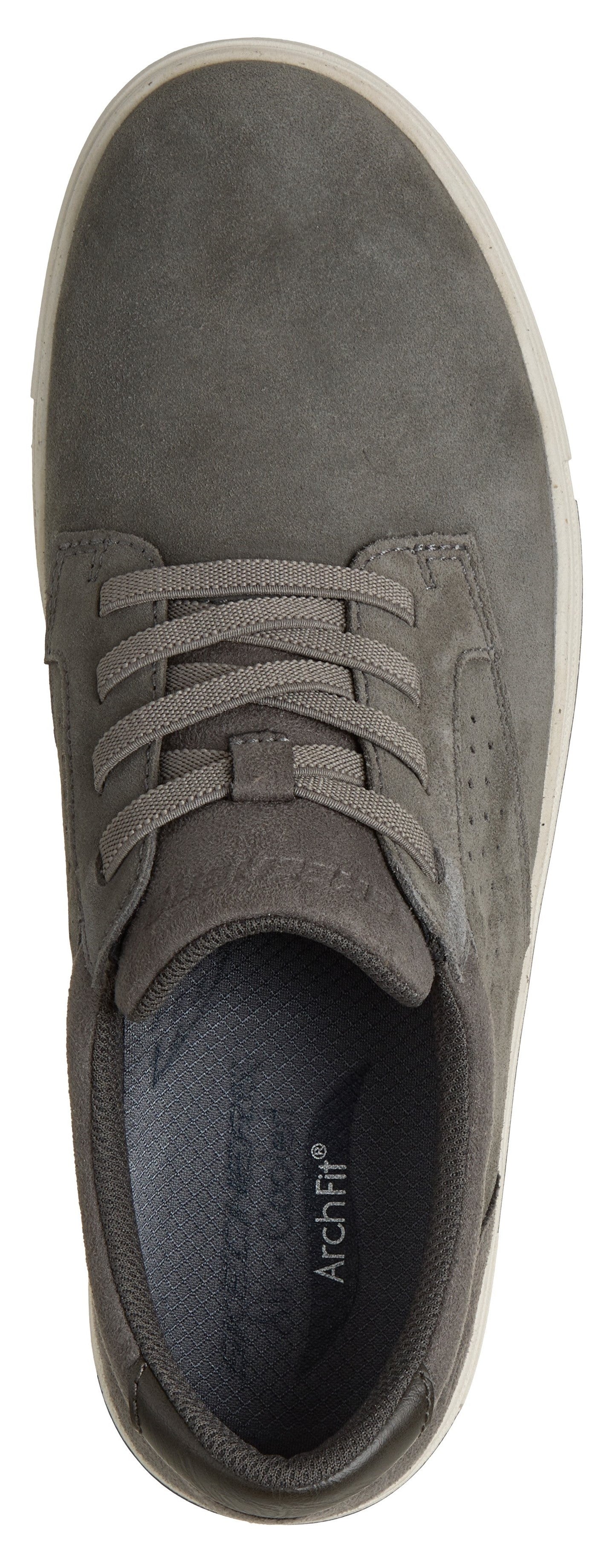 A top-down view of a grey lace-up sneaker with a rounded toe, featuring the visible Arch Fit logo on the inner sole.