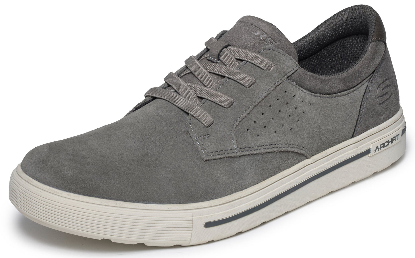 A gray suede low-top lace-up sneaker with a white rubber midsole and outsole, featuring perforated side panels and the word ARCHFIT embossed on the heel of the sole.
