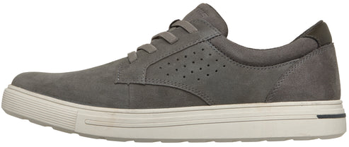 A gray low-top casual sneaker with a suede-like texture, featuring a lace-up front, perforated side panel detailing, and a thick white rubber sole with a subtle black accent at the heel.