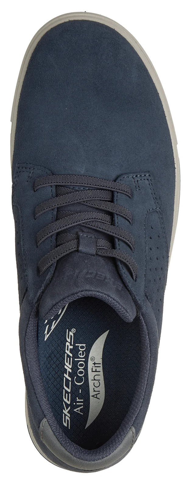 A top-down view of a dark blue, lace-up sneaker with a light-colored sole, showing the interior insole with the text 'SKECHERS Air-Cooled ArchFit' printed on it.