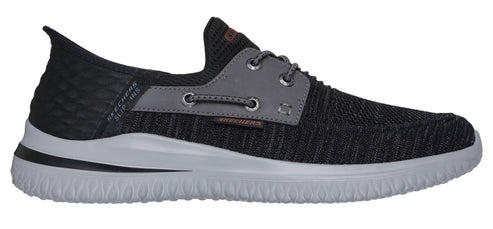 A black and grey sneaker boat shoe with grey laces.