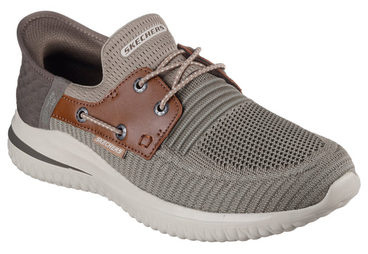 Taupe knit boat shoe with brown accents and white sole, featuring elastic laces and "SKECHERS" text on tongue and side.