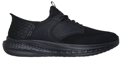 A black running shoe with laces.