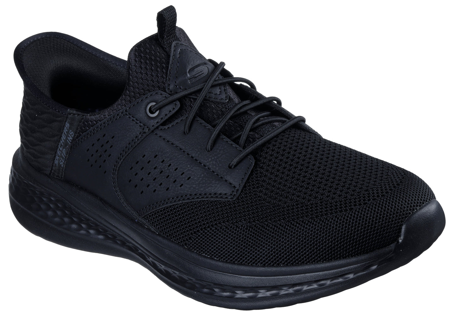 Black athletic shoe with a mesh upper, synthetic leather overlays, and a lace-up closure.
