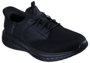 Black athletic shoe with a mesh upper, synthetic leather overlays, and a lace-up closure.
