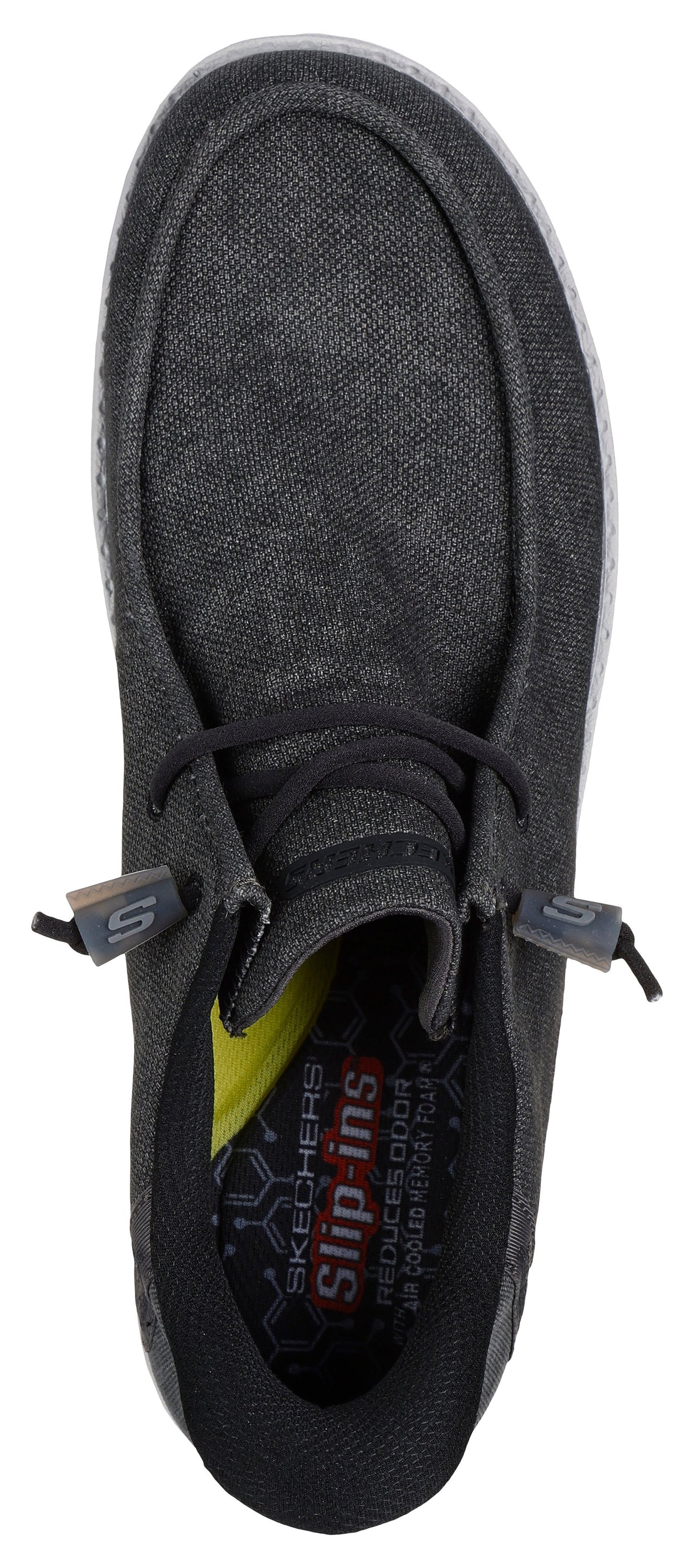 Overhead view of a dark gray slip-on sneaker with a gray sole and visible insole with text "Slip-ins".