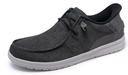 Charcoal-colored canvas shoe with black laces and gray sole.