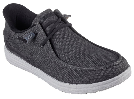 A charcoal grey casual shoe with a rounded toe, faux laces, a white sole, and a dark grey padded heel.