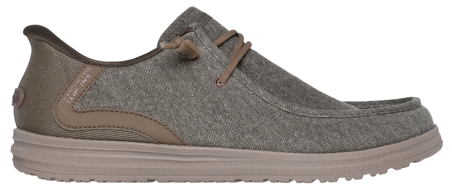 A brown canvas slip-on shoe with laces.