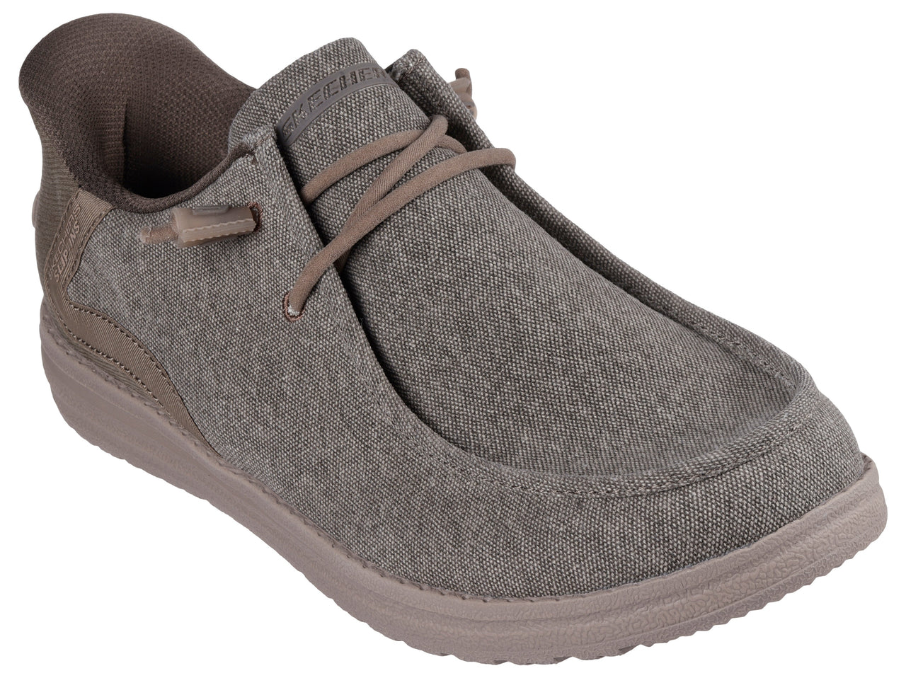 A gray casual slip-on shoe with laces and a taupe sole.