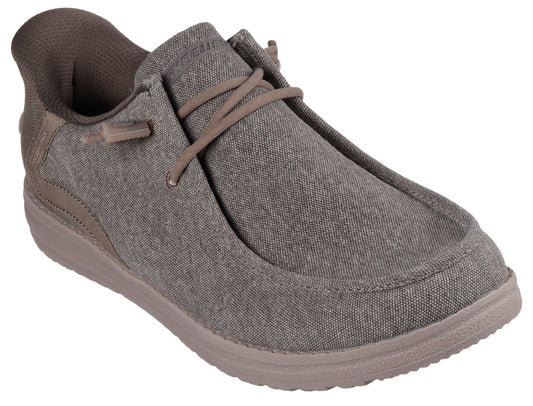 A gray casual slip-on shoe with laces and a taupe sole.