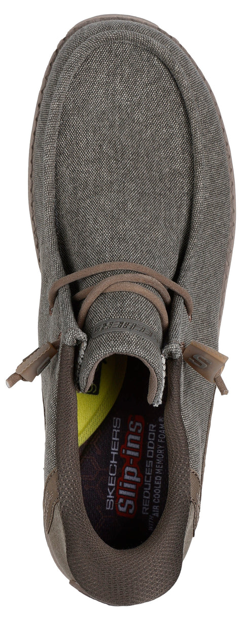 A gray slip-on shoe with brown laces and brown trim, as viewed from above.